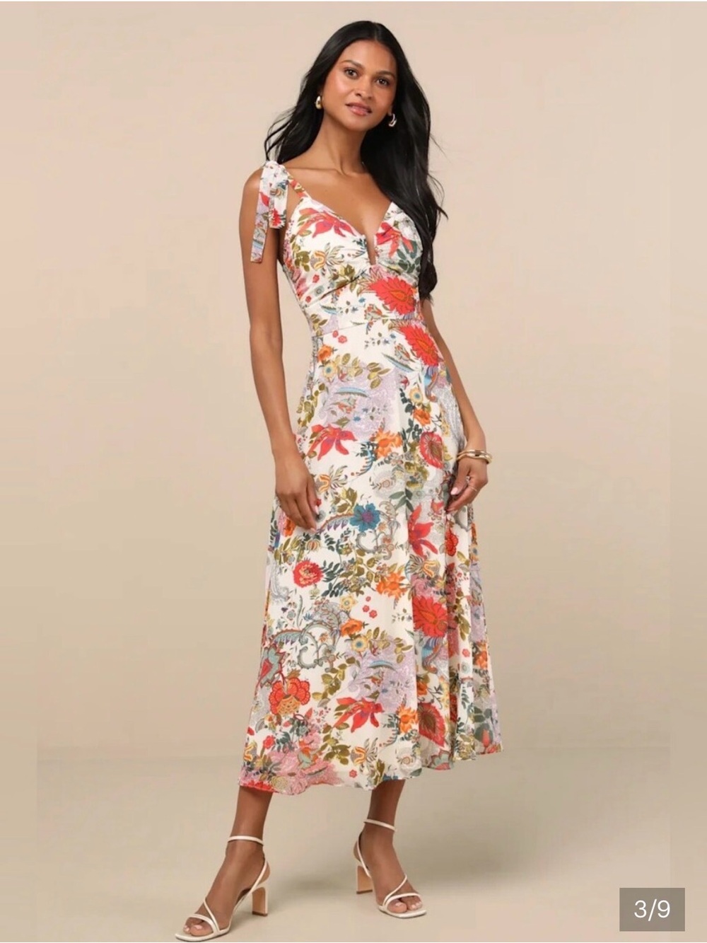 Lulu's White Floral Tie-Shoulder V-Neck Midi Dress with Multicolor Blooms